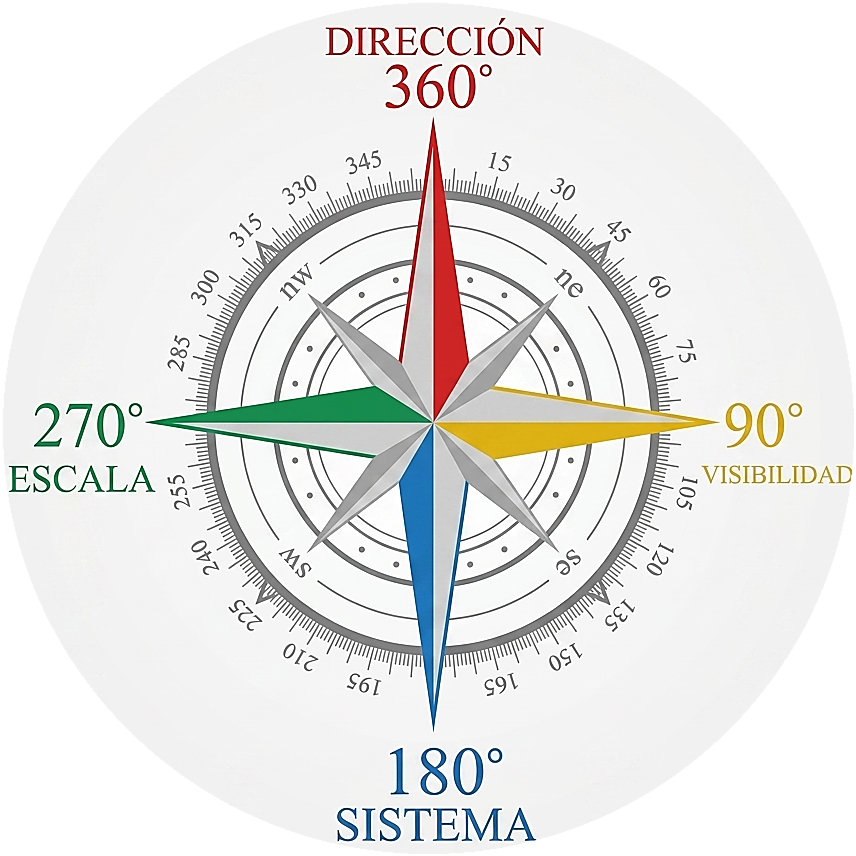 Rosa de los Vientos Emprendo360: 360 Dirección, 90 Visibilidad, 180 Sistema, 270 Escala